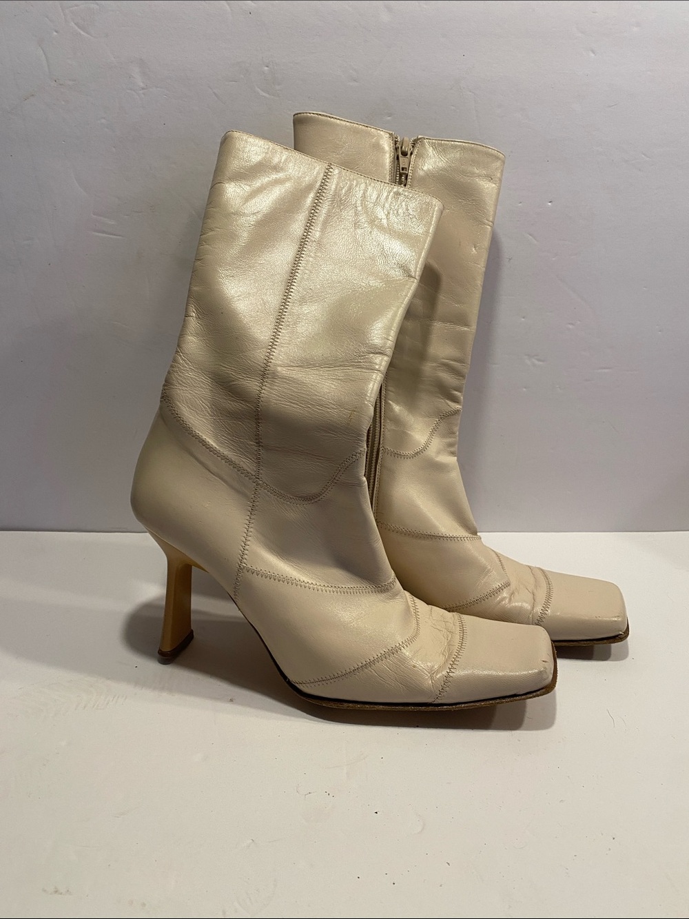 Classic Cream Leather Mid-Calf Heeled Boots Daniel Aaron size 7